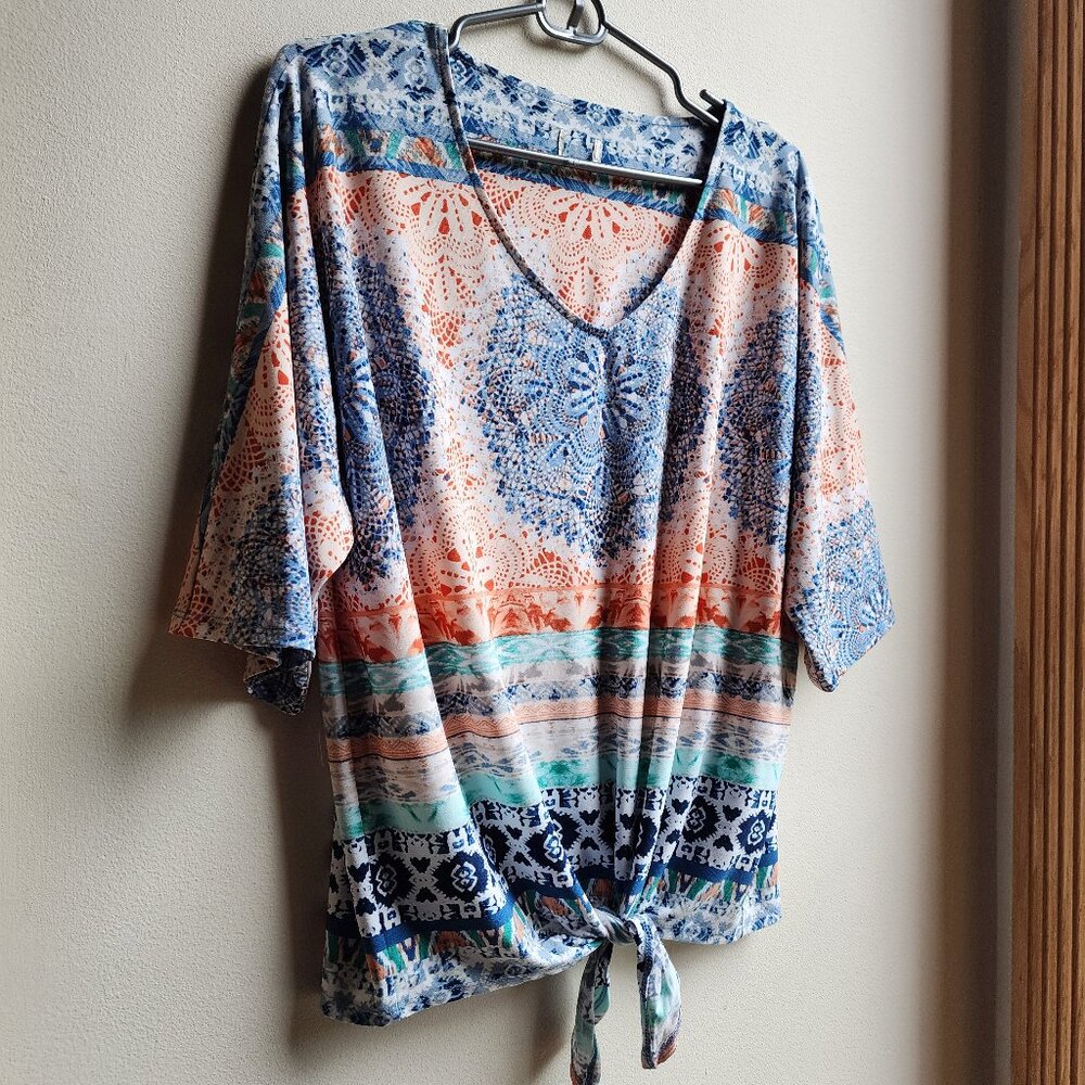 Chico's Medallion Print Tie-Front V-Neck Jersey Top Size XL